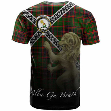 Scottish Buchan Clan Crest Tartan T-Shirt - Celtic With Scotland Lion Back Side Tartan Plaid