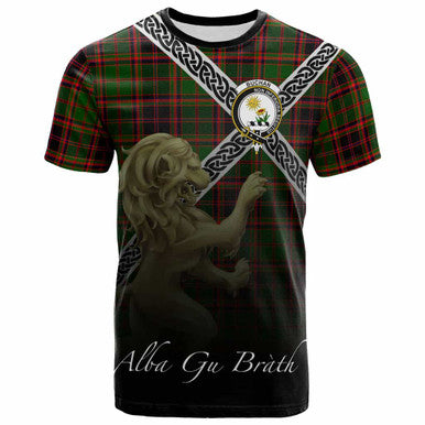 Scottish Buchan Clan Crest Tartan T-Shirt - Celtic With Scotland Lion Front Side Tartan Plaid