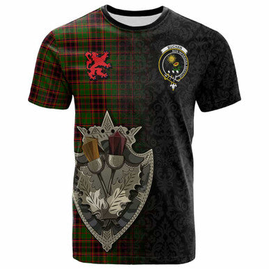 Scottish Buchan Clan Crest Tartan T-Shirt - Half Thistle Flowers Celtic Design Front Side Tartan Plaid