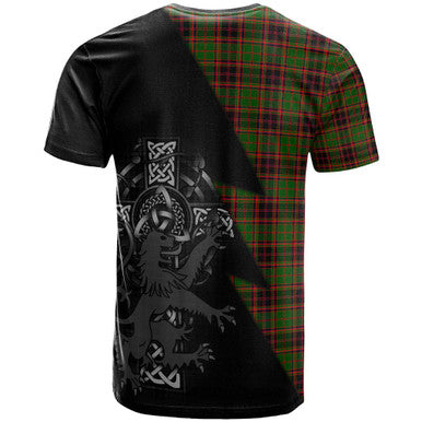 Scottish Buchan Clan Crest Tartan T-Shirt - Lion Rampant Celtic Cross Flash Style Back Side Tartan Plaid