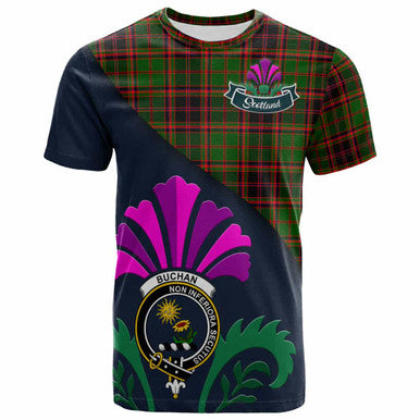 Scottish Buchan Clan Crest Tartan T-Shirt - Scotland Thistle Style Front Side Tartan Plaid