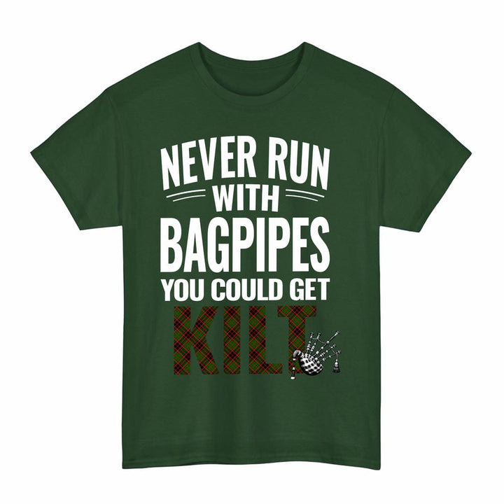 Scottish Buchan Modern Clan Tartan Never Run With Bagpipes T-Shirt Tartan Plaid Forest Green Color