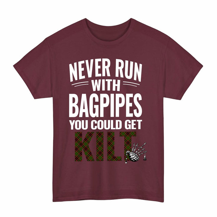 Scottish Buchan Modern Clan Tartan Never Run With Bagpipes T-Shirt Tartan Plaid Maroon Color
