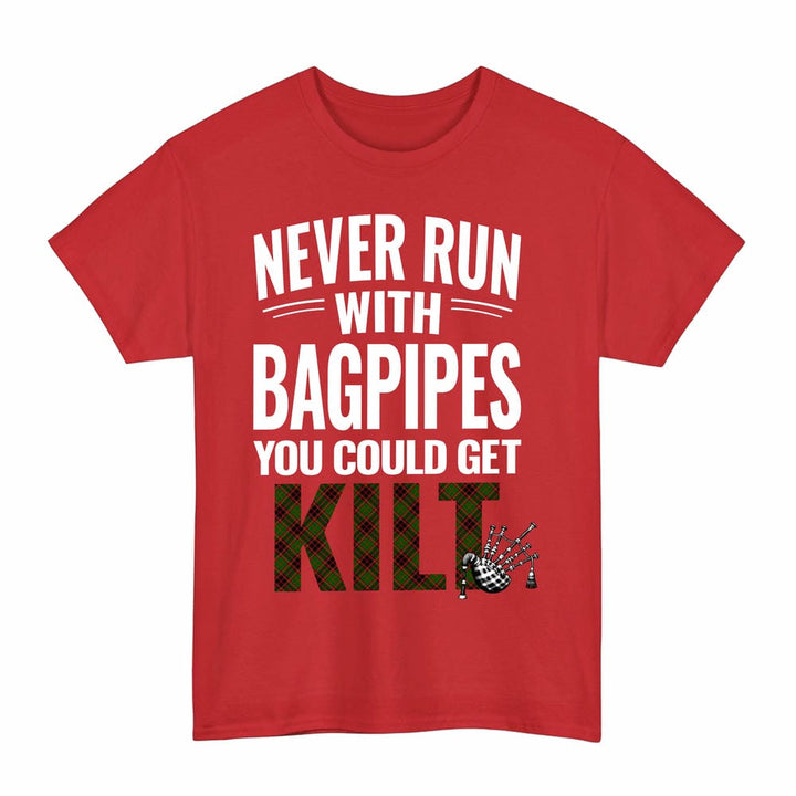 Scottish Buchan Modern Clan Tartan Never Run With Bagpipes T-Shirt Tartan Plaid Red Color