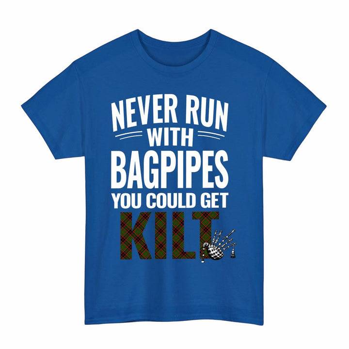 Scottish Buchan Modern Clan Tartan Never Run With Bagpipes T-Shirt Tartan Plaid Royal Color