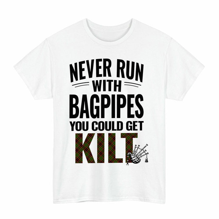 Scottish Buchan Modern Clan Tartan Never Run With Bagpipes T-Shirt Tartan Plaid White Color