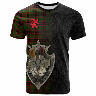 Scottish Buchan Modern Clan Tartan T-Shirt - Half Thistle Flowers Celtic Design Front Side Tartan Plaid