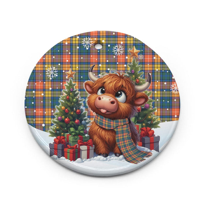 Scottish Buchanan Ancient Clan Tartan Ceramic Ornament Cute Highland Cow Christmas Circle Style Tartan Plaid