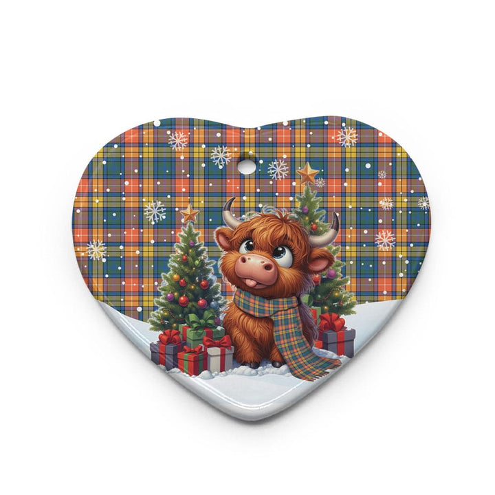Scottish Buchanan Ancient Clan Tartan Ceramic Ornament Cute Highland Cow Christmas Heart Style Tartan Plaid