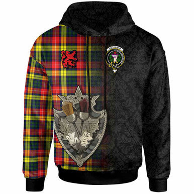 Scottish Buchanan Clan Crest Tartan Hoodie - Half Thistle Flowers Celtic Design Front Side Tartan Plaid