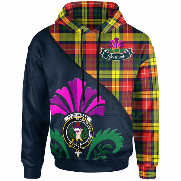 Scottish Buchanan Clan Crest Tartan Hoodie - Scotland Thistle Style Front Side Tartan Plaid