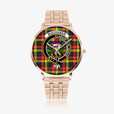 Scottish Buchanan Clan Crest Tartan Instafamous Steel Quartz Watches Tartan Plaid Rose Gold 1
