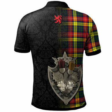 Scottish Buchanan Clan Crest Tartan Polo Shirt - Half Thistle Flowers Celtic Design Back Side Tartan Plaid