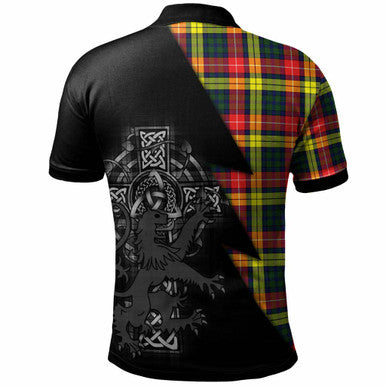 Scottish Buchanan Clan Crest Tartan Polo Shirt - Lion Rampant Celtic Cross Flash Style Back Side Tartan Plaid