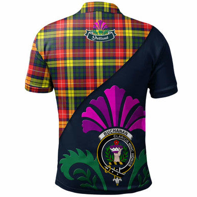 Scottish Buchanan Clan Crest Tartan Polo Shirt - Scotland Thistle Style Back Side Tartan Plaid