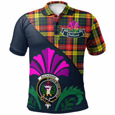 Scottish Buchanan Clan Crest Tartan Polo Shirt - Scotland Thistle Style Front Side Tartan Plaid