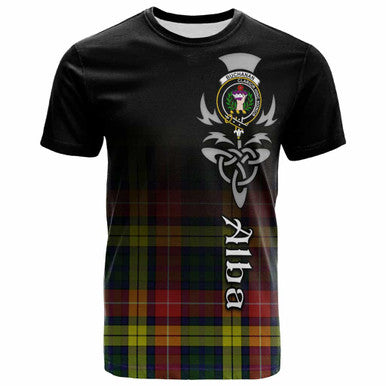 Scottish Buchanan Clan Crest Tartan T-Shirt - Alba Gu Brath Family Crest Celtic Inspired Front Side Tartan Plaid