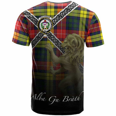 Scottish Buchanan Clan Crest Tartan T-Shirt - Celtic With Scotland Lion Back Side Tartan Plaid