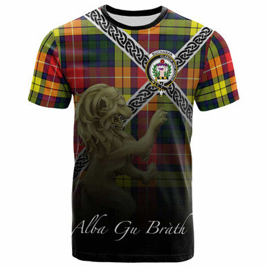 Scottish Buchanan Clan Crest Tartan T-Shirt - Celtic With Scotland Lion Front Side Tartan Plaid