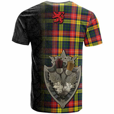 Scottish Buchanan Clan Crest Tartan T-Shirt - Half Thistle Flowers Celtic Design Back Side Tartan Plaid