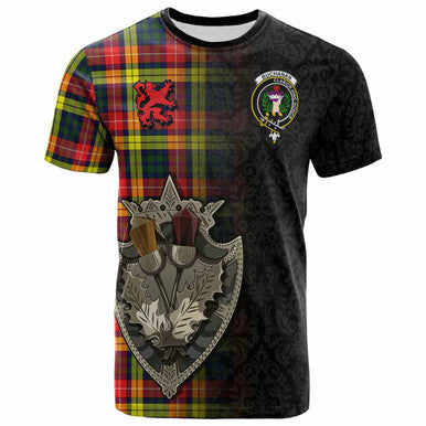 Scottish Buchanan Clan Crest Tartan T-Shirt - Half Thistle Flowers Celtic Design Front Side Tartan Plaid