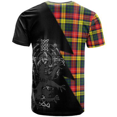 Scottish Buchanan Clan Crest Tartan T-Shirt - Lion Rampant Celtic Cross Flash Style Back Side Tartan Plaid