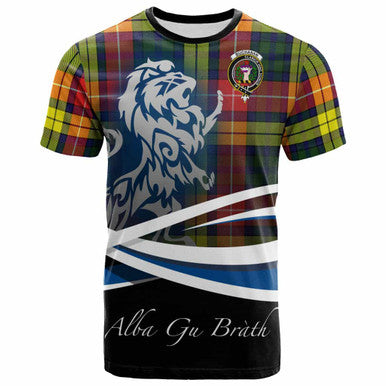 Scottish Buchanan Clan Crest Tartan T-Shirt - Scotland Lion Front Side Tartan Plaid