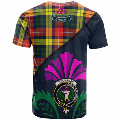 Scottish Buchanan Clan Crest Tartan T-Shirt - Scotland Thistle Style Back Side Tartan Plaid