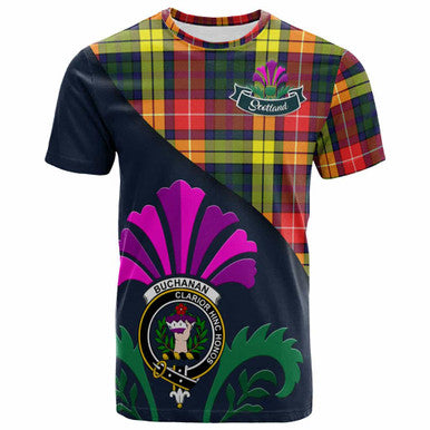 Scottish Buchanan Clan Crest Tartan T-Shirt - Scotland Thistle Style Front Side Tartan Plaid