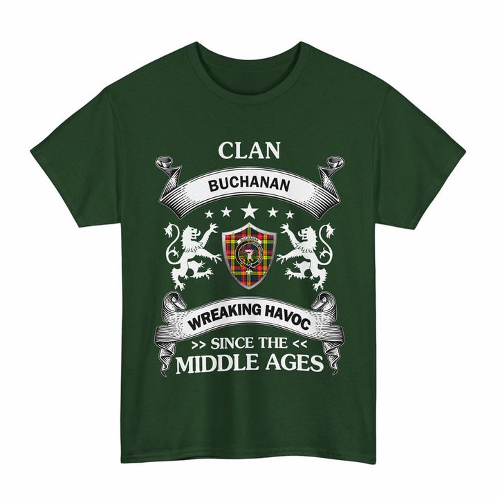 Scottish Buchanan Clan Crest Tartan T-Shirt Wreaking Havoc Design Tartan Plaid Forest Green Color