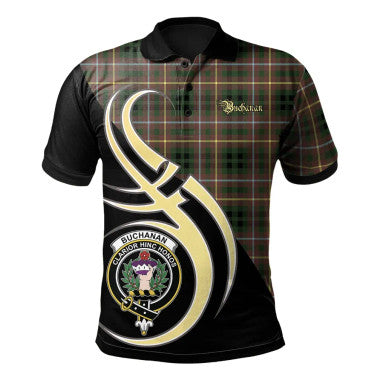 Scottish Buchanan Hunting Clan Crest Tartan Polo Shirt Believe in Me Front Side Tartan Plaid