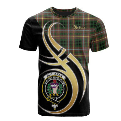 Scottish Buchanan Hunting Clan Crest Tartan T-Shirt Believe in Me Front Side Tartan Plaid