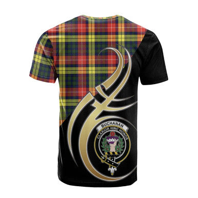Scottish Buchanan Modern Clan Crest Tartan T-Shirt Believe in Me Back Side Tartan Plaid