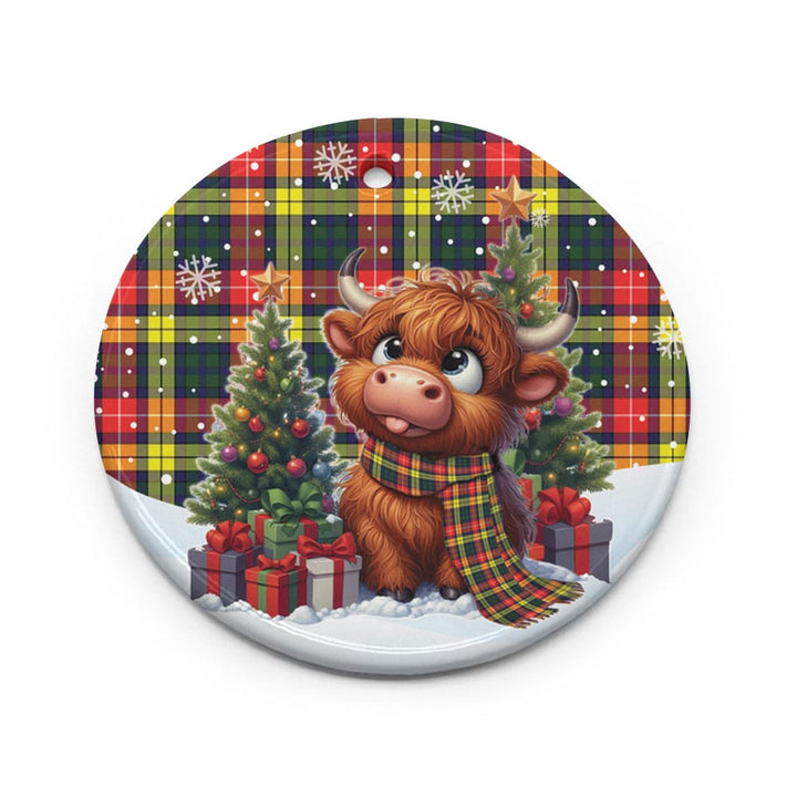 Scottish Buchanan Modern Clan Tartan Ceramic Ornament Cute Highland Cow Christmas Circle Style Tartan Plaid