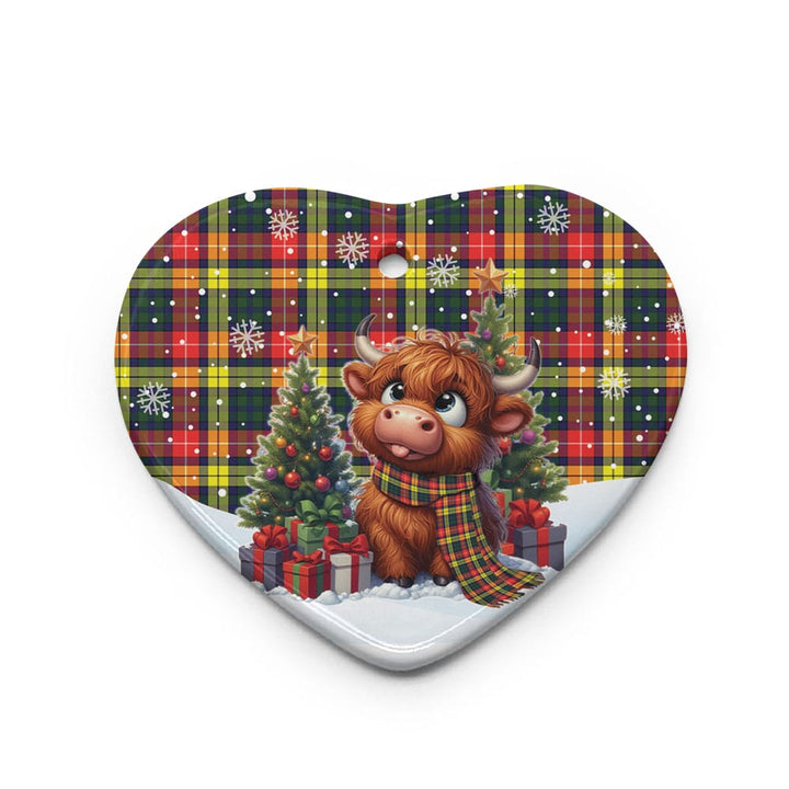 Scottish Buchanan Modern Clan Tartan Ceramic Ornament Cute Highland Cow Christmas Heart Style Tartan Plaid