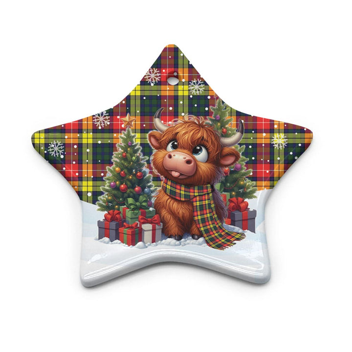 Scottish Buchanan Modern Clan Tartan Ceramic Ornament Cute Highland Cow Christmas Star Style Tartan Plaid