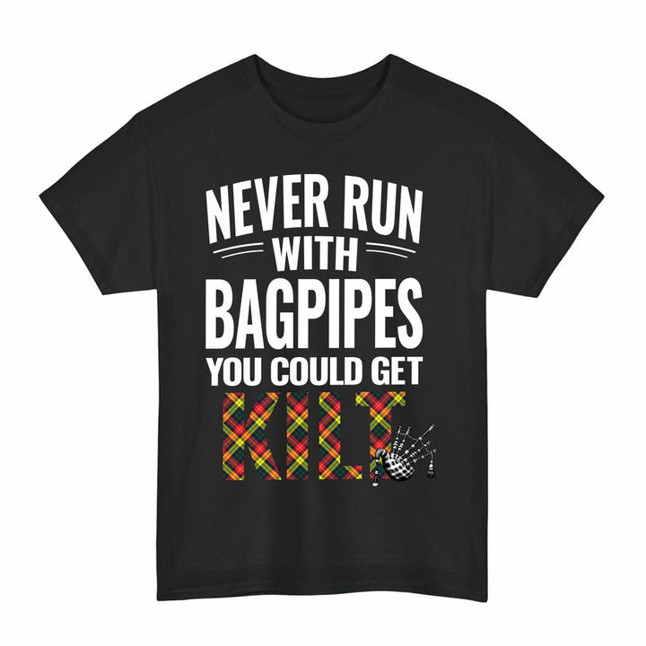 Scottish Buchanan Modern Clan Tartan Never Run With Bagpipes T-Shirt Tartan Plaid Black Color