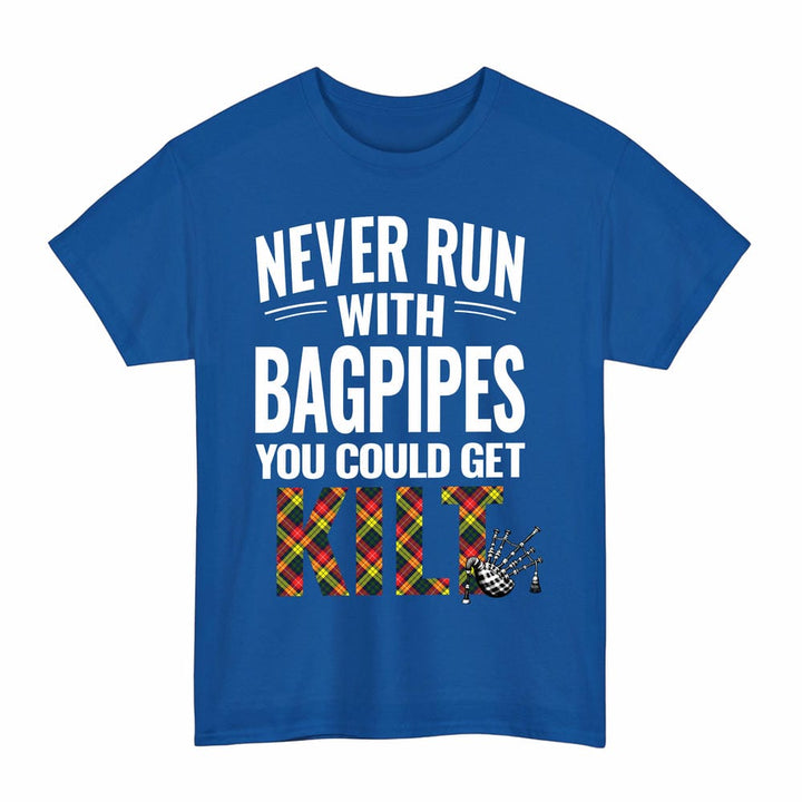 Scottish Buchanan Modern Clan Tartan Never Run With Bagpipes T-Shirt Tartan Plaid Royal Color