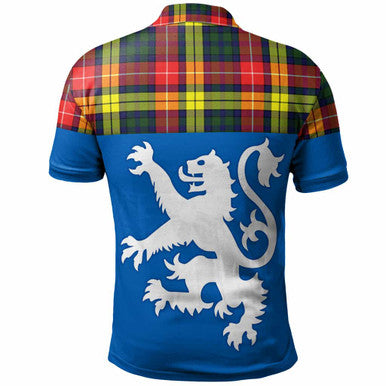 Scottish Buchanan Modern Clan Tartan Polo Shirt - Lion Rampant of Scotland With Flag Back Side Tartan Plaid