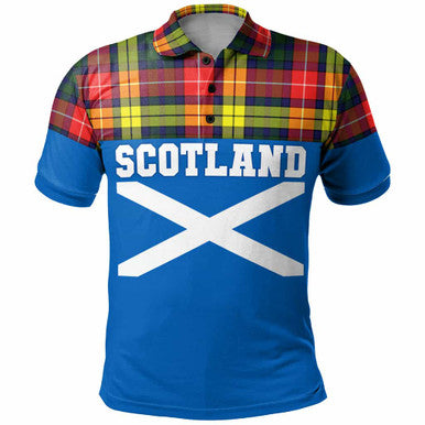 Scottish Buchanan Modern Clan Tartan Polo Shirt - Lion Rampant of Scotland With Flag Front Side Tartan Plaid