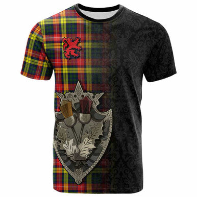 Scottish Buchanan Modern Clan Tartan T-Shirt - Half Thistle Flowers Celtic Design Front Side Tartan Plaid