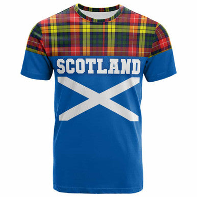 Scottish Buchanan Modern Clan Tartan T-Shirt - Lion Rampant of Scotland With Flag Front Side Tartan Plaid