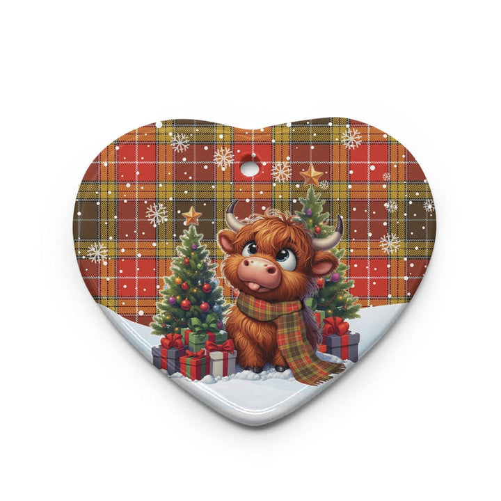Scottish Buchanan Old Set Weathered Clan Tartan Ceramic Ornament Cute Highland Cow Christmas Heart Style Tartan Plaid