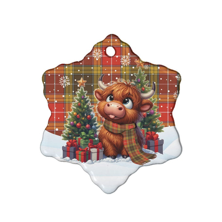Scottish Buchanan Old Set Weathered Clan Tartan Ceramic Ornament Cute Highland Cow Christmas Snow Flake Style Tartan Plaid