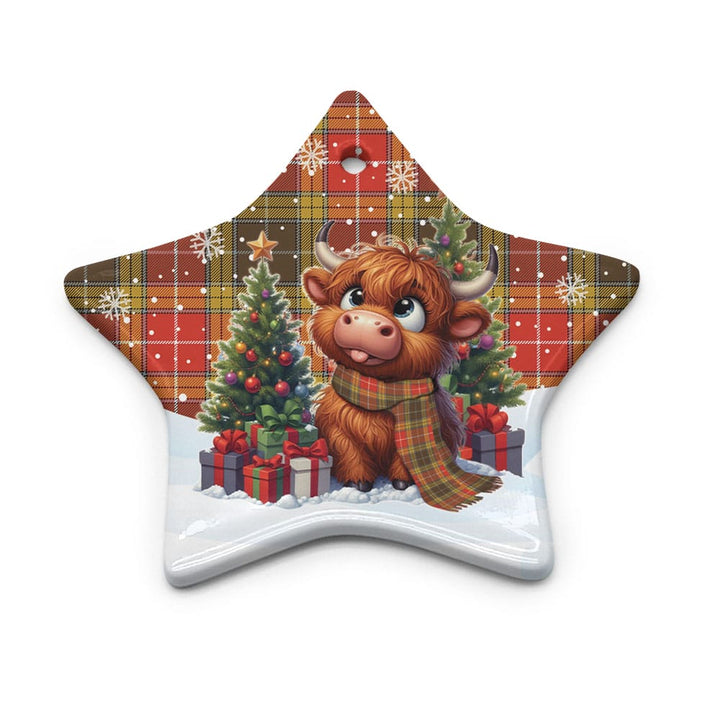 Scottish Buchanan Old Set Weathered Clan Tartan Ceramic Ornament Cute Highland Cow Christmas Star Style Tartan Plaid