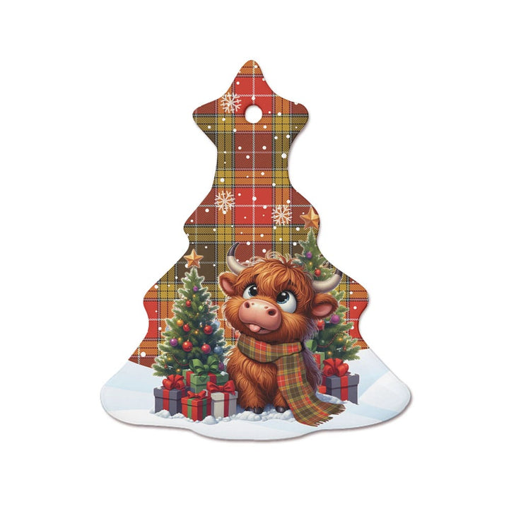 Scottish Buchanan Old Set Weathered Clan Tartan Ceramic Ornament Cute Highland Cow Christmas Tree Style Tartan Plaid