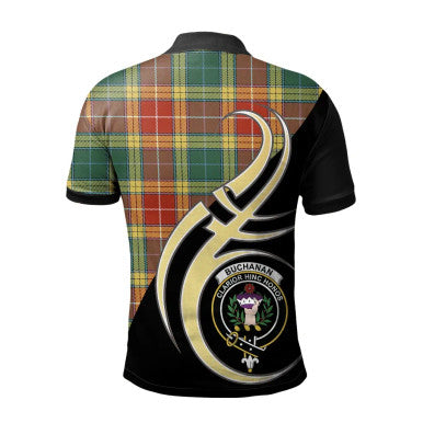 Scottish Buchanan Old Sett Clan Crest Tartan Polo Shirt Believe in Me Back Side Tartan Plaid