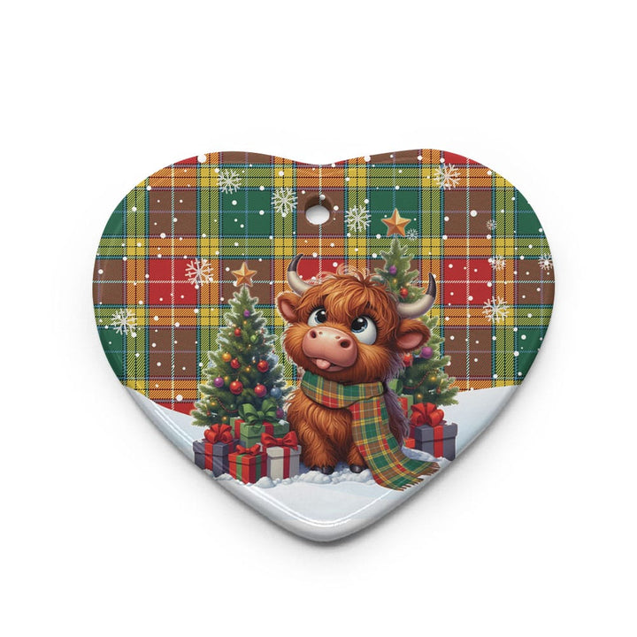 Scottish Buchanan Old Sett Clan Tartan Ceramic Ornament Cute Highland Cow Christmas Heart Style Tartan Plaid