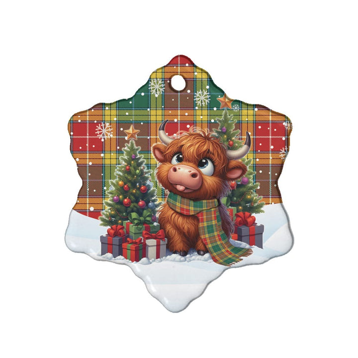 Scottish Buchanan Old Sett Clan Tartan Ceramic Ornament Cute Highland Cow Christmas Snow Flake Style Tartan Plaid