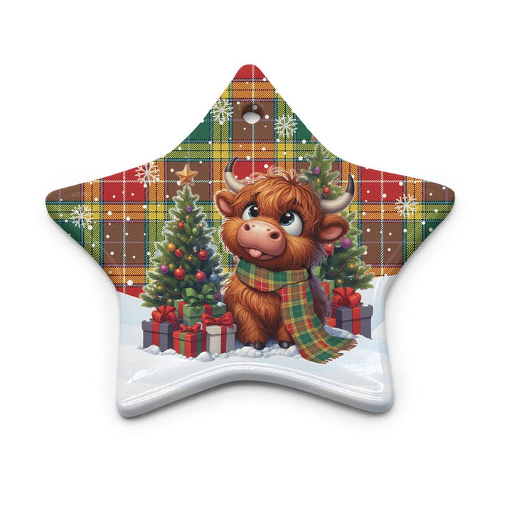 Scottish Buchanan Old Sett Clan Tartan Ceramic Ornament Cute Highland Cow Christmas Star Style Tartan Plaid
